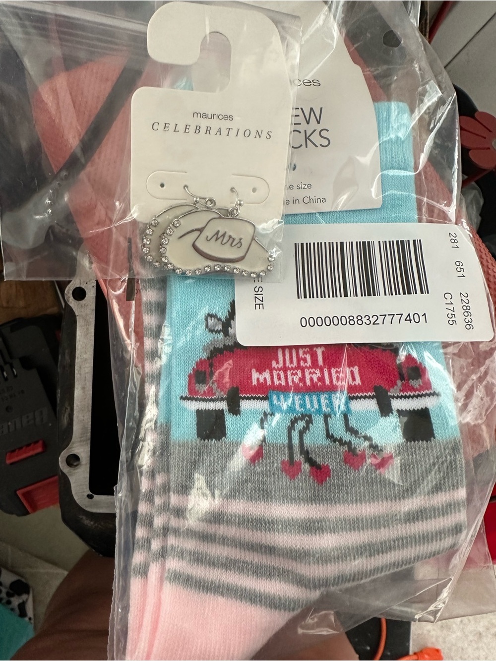 Just Married Novelty Crew Socks in Pink, Aqua & Gray& Mrs cowgirl earrings